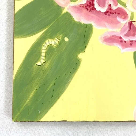 Pottery Barn Kids Rhododendron Painted Wood Wall Art Plaque 14 x 18 Pink Yellow - Picture 6 of 7